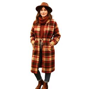 Davi & Dani Red Plaid Button Down Tie Waist Long Shacket Jacket Cardigan Medium